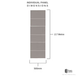 Diagram showing individual PVC panel dimensions with height labeled as 2.7 metres and width labeled as 500mm by The Panel Company.