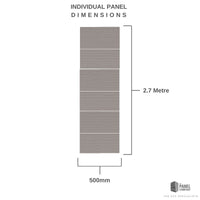 Diagram showing individual PVC panel dimensions with height labeled as 2.7 metres and width labeled as 500mm by The Panel Company.