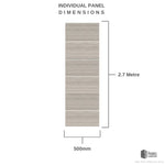 Diagram showing individual panel dimensions of 2.7 meters in height and 500mm in width with a wood texture design by The Panel Company.