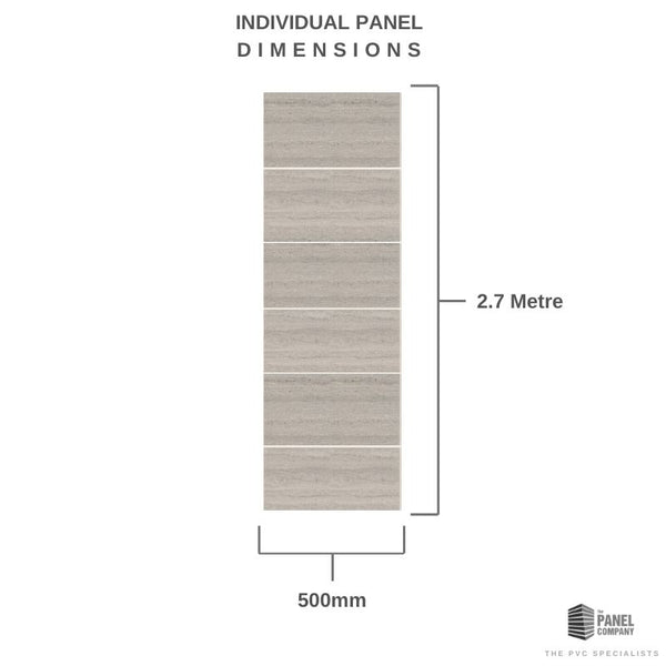 Diagram showing individual panel dimensions of 2.7 meters in height and 500mm in width with a wood texture design by The Panel Company.