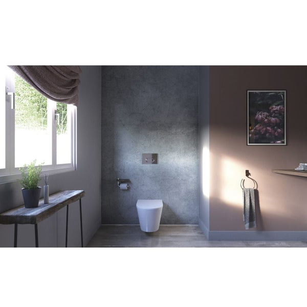 Contemporary bathroom interior with natural light, modern wall-mounted toilet, wooden console sink, framed artwork, towel ring with hanging towel, and small plants on windowsill.