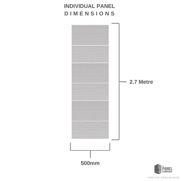 Illustration showing individual panel dimensions for PVC wall panel, 500mm width and 2.7 meter height, textured design, provided by The Panel Company.