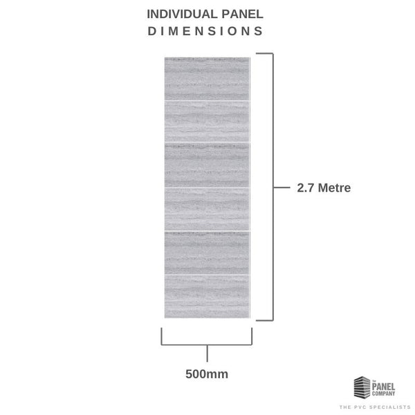 Illustration of individual panel dimensions showing height at 2.7 meters and width at 500mm, with textured surface design by The Panel Company.