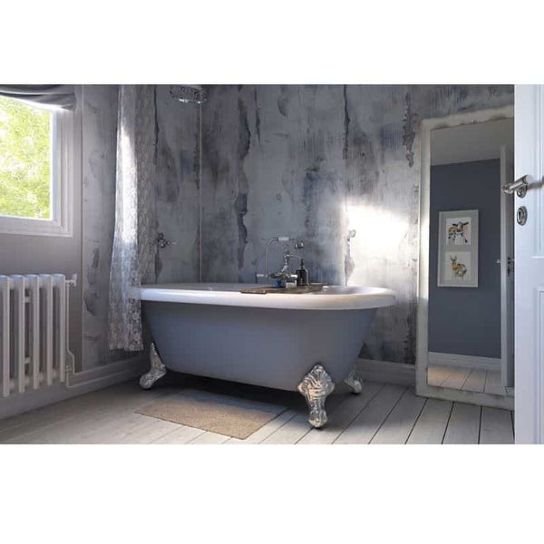 Vintage claw-foot bathtub in an industrial-style bathroom with distressed concrete walls, white wooden flooring, and natural light from window