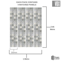 Diagram showing a pack of 4 matched decorative wall panels by VOX, each panel measuring 1 meter by 2.65 meters with intricate geometric patterns, displayed vertically with dimensions labeled in metric units.