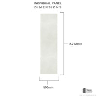 Schematic illustration showing individual panel dimensions with a height of 2.7 meters and width of 500mm by The PVC Panel Company.