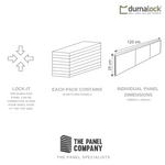 Dumalock wall and ceiling panels infographic showing Lock-It connection system, a stack of 8 matched panels, and individual panel dimensions with measurements, accompanied by The Panel Company logo and branding.