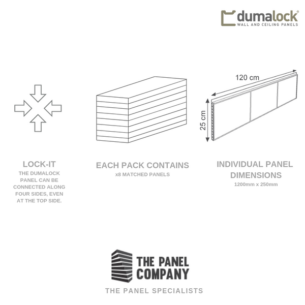 Illustration of Dumalock wall panel system with lock-it connectors, pack contents with eight matched panels, and individual panel dimensions showing 120 cm by 25 cm sizing by the Panel Company, specialists in wall and ceiling panels.