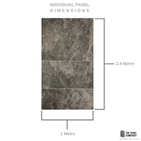 Marble-texture panel product image showing individual panel dimensions, 2.4 meters height by 1 meter width, from The Panel Company.