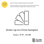 Advertisement from The Panel Company offering up to 4 free samples of panels and flooring, with a graphic of fanned out sample panels and cost details for postage and packaging at £1.99.