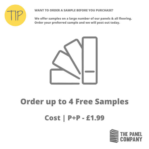 Advertisement by The Panel Company offering up to 4 free samples of panels and flooring, with a cost of £1.99 for postage and packaging, featuring a graphic of fanned-out sample panels.