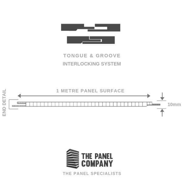 Technical illustration of tongue and groove interlocking system for wall panels, with labeled 1-metre panel surface measurement and 10mm detail, alongside branded logo for The Panel Company, specialists in panel solutions.