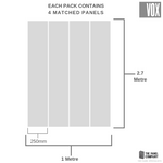 Technical diagram showing a pack of 4 matched panels by Vox with dimensions 1 metre width, 2.7 metres height, and 250mm depth indication, for wall paneling or construction purposes, with the VOX logo present.