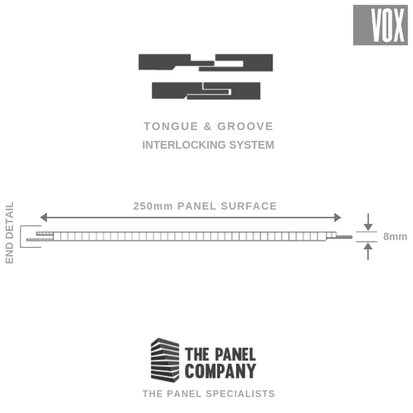 Illustration of tongue and groove interlocking system for wall panels, detailed diagram of 250mm panel surface with 8mm thickness, and logo of The Panel Company, specialists in panel solutions.