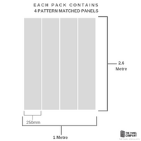 Illustration of four pattern matched panels included in a pack from The Panel Company with dimensions labeled, 250mm wide by 2.6 meters high, indicating coverage area for interior wall paneling.