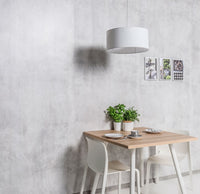 Modern minimalist dining room with textured gray wall, white pendant lamp, wooden table with white chairs, potted plants, and wall art.