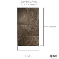 Brown marble texture panel, individual panel dimensions diagram, 2.4 meters by 1 meter, interior design material concept, The Panel Company branding.