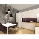 Modern kitchen interior design with white and purple cabinets, stainless steel appliances, wooden worktop, sleek white dining table with purple chairs, pendant lights, and gray textured accent wall.