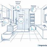 Diagram of bathroom fixtures with labeled parts and additional components.