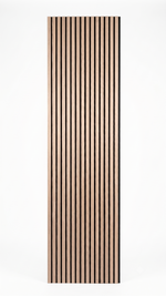 A tall rectangular wall panel featuring vertical alternating light beige and dark brown wood slats, shown against a plain white background.