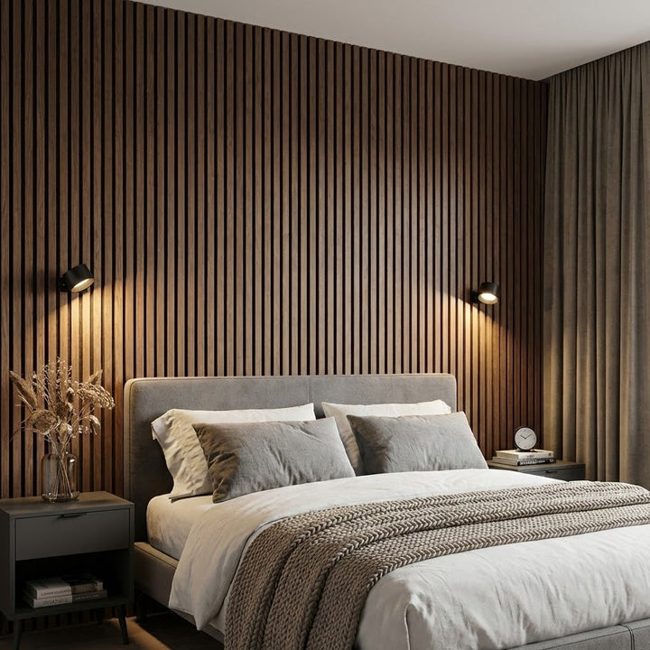Black wall-mounted light fixture on a wooden slat background