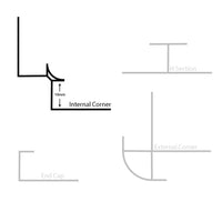 Technical diagram displaying profiles of skirting board accessories, including internal corner, external corner, H section, and end cap with measurements.