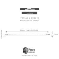Illustration of tongue and groove interlocking system for PVC panels by The Panel Company, highlighting the 500mm panel surface width and 8mm thickness with labeled end detail diagram.