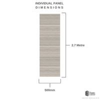 Diagram showing individual panel dimensions of 2.7 meters in height and 500mm in width with a wood texture design by The Panel Company.