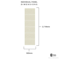 Diagram highlighting individual panel dimensions with measurements, 2.7 metre long by 500mm wide, beige PVC panel, technical drawing, construction material specification by The Panel Company.