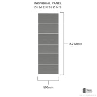 Diagram showing individual panel dimensions with a width of 500mm and height of 2.7 meters, labeled by The Panel Company, specialists in PVC paneling.