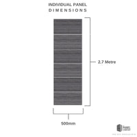 Individual PVC panel dimensions infographic showing a 500mm width by 2.7 metre height grey textured panel with measurements and branding for The Panel Company.