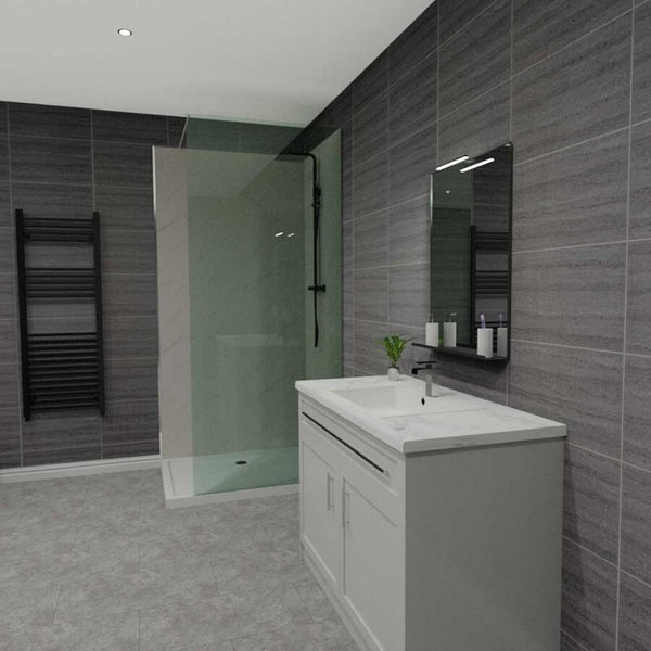 Modern bathroom interior with glass shower enclosure, dark gray tiled walls, white vanity cabinet with sink, wall-mounted mirror with LED lighting, heated towel rail, and gray tiled flooring