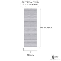 Illustration of individual panel dimensions showing height at 2.7 meters and width at 500mm, with textured surface design by The Panel Company.