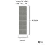 Schematic diagram presenting individual panel dimensions with a height of 2.7 meters and a width of 500mm, from The PVC Specialists, illustrating multiple panels stacked vertically.