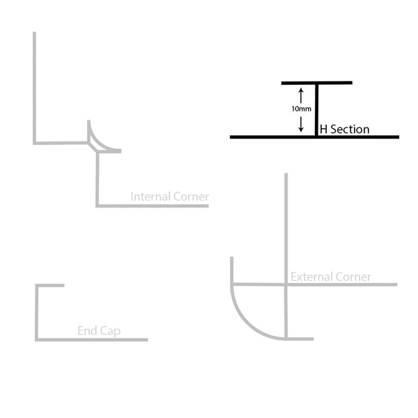 Technical diagram showing profiles of skirting board accessories including internal corner, external corner, H section, and end cap with labeled dimensions.