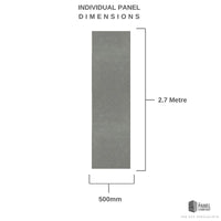 Illustration of individual PVC panel dimensions with a length of 2.7 meters and a width of 500mm, labeled by The Panel Company.