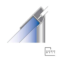 Illustration of a shower wall profile detailing the installation of a glass panel with support brackets and waterproof sealing