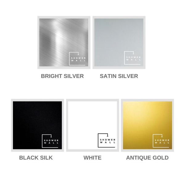 Color swatches for shower wall options showcasing bright silver, satin silver, black silk, white, and antique gold with textured and smooth finishes.