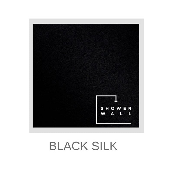 Black silk texture sample for shower wall panel with white Shower Wall brand logo and product name on bottom right corner.