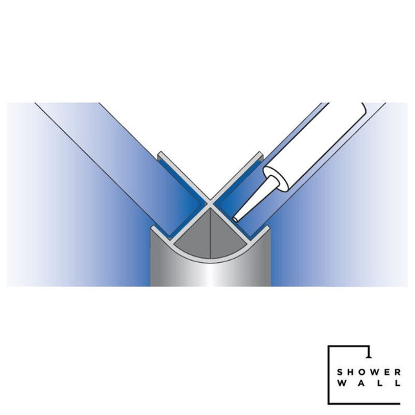 Illustration of shower wall profile with blue glass panel, metal channel, and silicone sealant application for waterproofing bathroom fixtures.