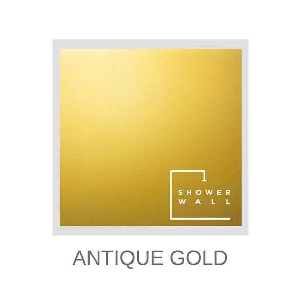 Shower Wall Antique Gold color sample with logo, luxurious golden bathroom wall panel design concept.
