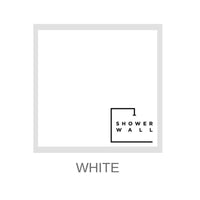 Minimalistic white shower wall panel sample with black text branding and color label, home improvement and interior design concept.