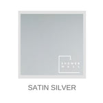 Satin Silver Showerwall panel sample with logo, gray waterproof bathroom wall covering, subtle metallic finish, bathroom renovation materials.