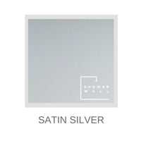 Satin Silver color sample with Shower Wall branding, bathroom wall panels, contemporary design, modern shower finish option