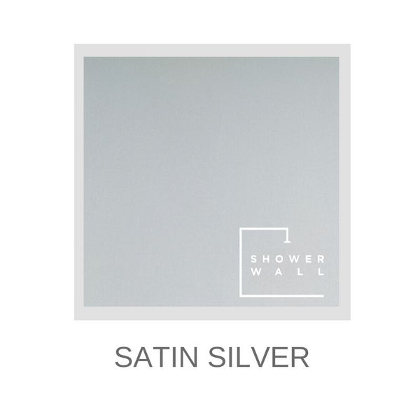 Satin Silver color sample with Shower Wall branding, bathroom wall panels, contemporary design, modern shower finish option