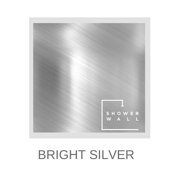 Brushed metal texture sample labeled Bright Silver for shower wall design with reflective metallic surface and bright sheen for modern interior decor.