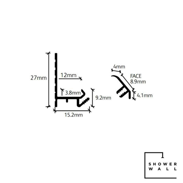 Technical diagram of shower wall profiles with precise measurements and dimensions for installation.