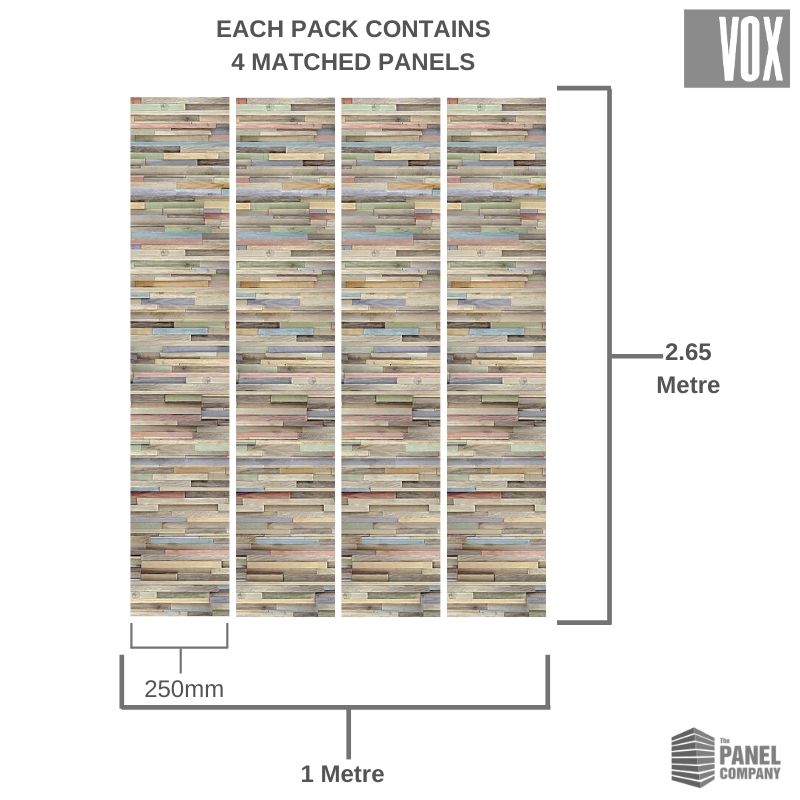 Vox branded wood effect wall panels, decorative reclaimed wood wall paneling in 4 pack bundle, each panel measuring 250mm width by 2.65m height with the panel company logo.