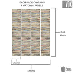Vox branded wood effect wall panels, decorative reclaimed wood wall paneling in 4 pack bundle, each panel measuring 250mm width by 2.65m height with the panel company logo.