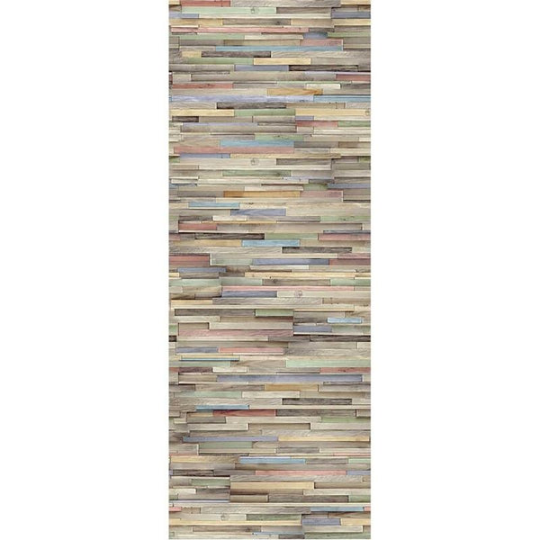 Vertical stack of colorful wooden planks wall texture, multicolored reclaimed wood paneling, sustainable material wallpaper pattern, abstract background of painted wood strips, rustic decor concept